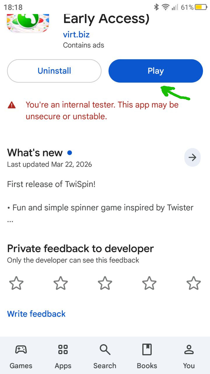 Google Play page for the TwiSpin testing build with install button