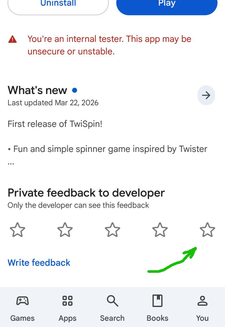 Google Play page for the TwiSpin testing build with install button